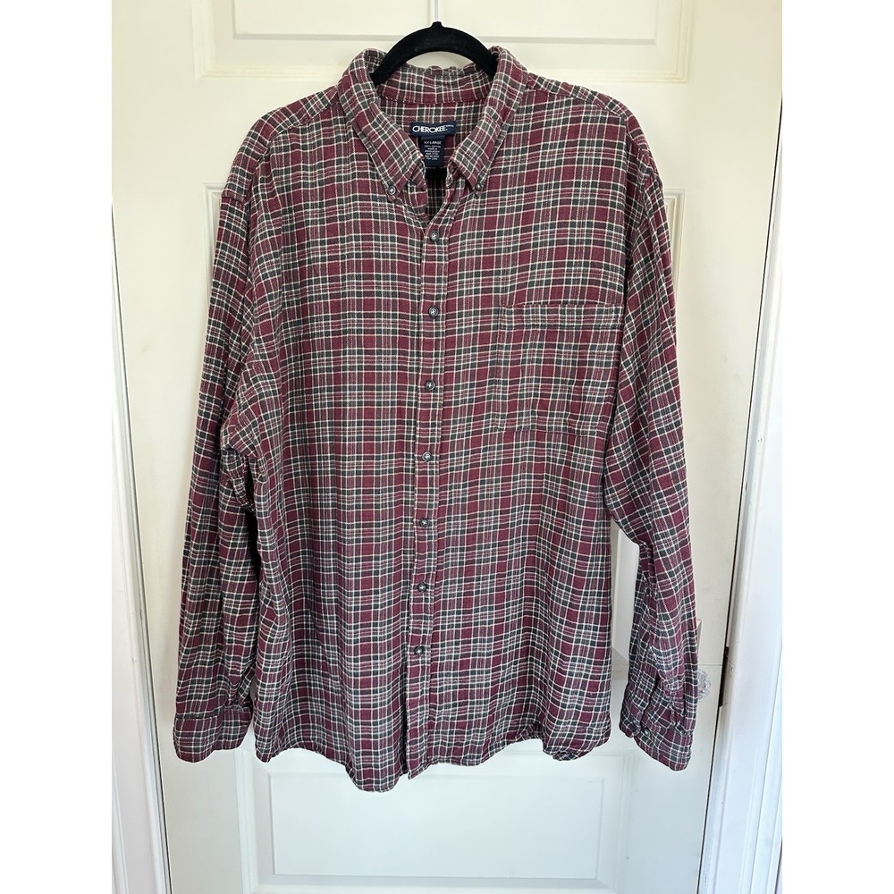 Cherokee Shirt Mens XXL Red Plaid Long Sleeve Button Up Casual 100% Cotton
